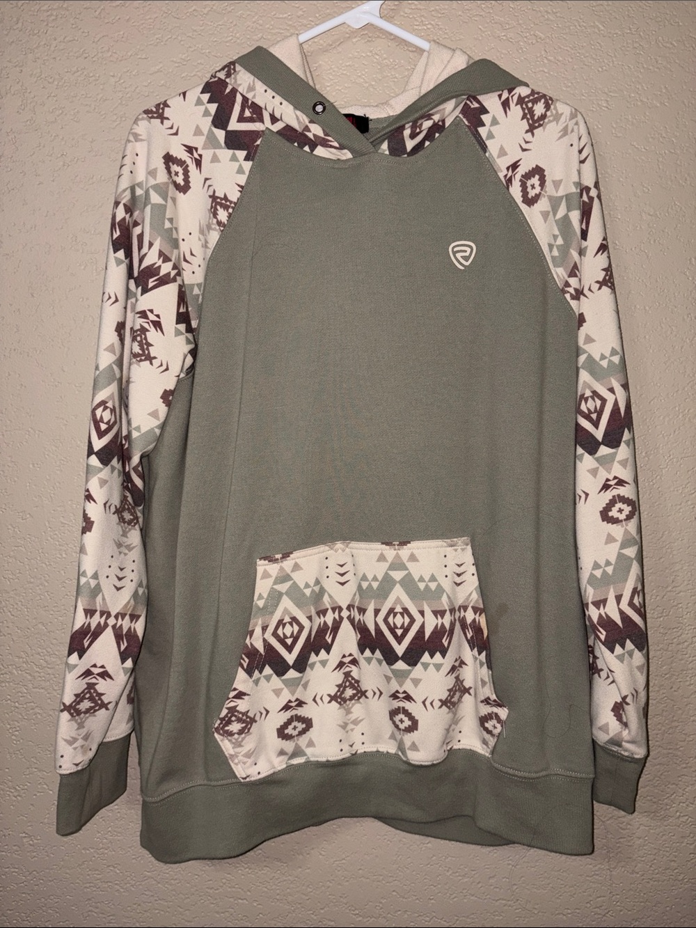 Men's Hooded Pullover Sweater in Sage with Patterned Sleeves